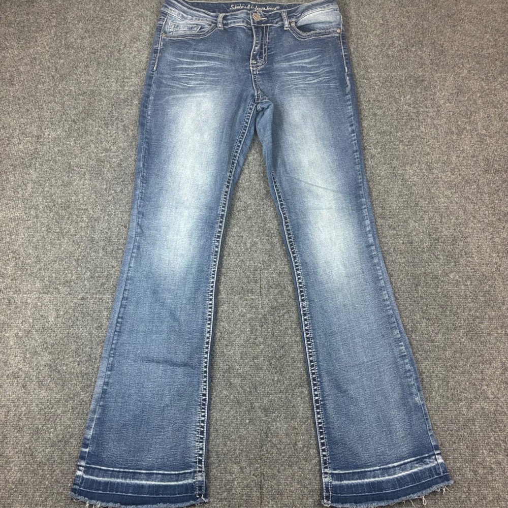 State of Independence Womens Bootcut Jeans Blue Frayed Hem Size 13 Medium Wash